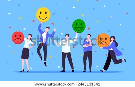 Employee satisfaction attitude survey feedback business concept flat style vector illustration. Business people with various feedback emoticons. Working happiness wellbeing and satisfaction feedback