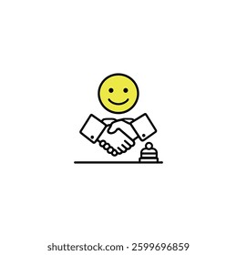 Employee Satisfaction Concept icon Handshake Icon Vector: Friendly Design with Yellow Smiley Face and Bell for Hospitality and Cooperation