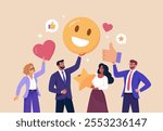 Employee Satisfaction Concept. Vector cartoon close-up illustration in flat style of diverse business people holding satisfaction and joy emojis in their hands.