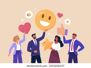 Employee Satisfaction Concept. Vector cartoon close-up illustration in flat style of diverse business people holding satisfaction and joy emojis in their hands.