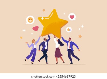 Employee Satisfaction Concept. Vector cartoon illustration in flat style of diverse business people holding a big golden star surrounded by joy emojis. Isolated on background.