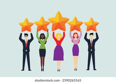 Employee Satisfaction Concept. Vector cartoon illustration in flat style of five diverse business people holding big golden stars. Isolated on background.
