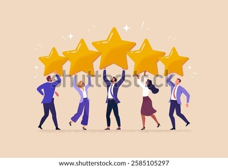 Employee Satisfaction Concept. Vector cartoon illustration in flat style of five diverse business people holding big golden stars. Isolated on background.