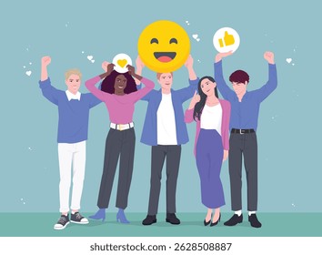Employee satisfaction. Happy motivated office workers holding thumbs up and smiling emoji as symbol of good working conditions. Employee Engagement and Commitment Rating. Flat vector illustration