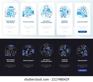 Employee satisfaction night and day mode onboarding mobile app screen. Walkthrough 5 steps graphic instructions pages with linear concepts. UI, UX, GUI template. Myriad Pro-Bold, Regular fonts used