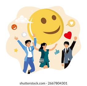 Satisfacción de los empleados con un Comentarios positivo. Un grupo de empleados celebra el éxito en el trabajo.