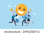 Employee satisfaction, workplace happiness or success team motivation, employee engagement or participation, feedback or company survey rating concept, business people employee with smile happy face.