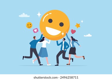 Satisfacción de los empleados, felicidad en el lugar de trabajo o motivación del equipo de éxito, compromiso o participación de los empleados, concepto de calificación de Encuesta de Comentarios o empresa, empleados de negocios con sonrisa y cara feliz.