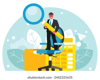 Employee search. A businessman holds a huge magnifying glass in his hands standing on a huge office chair. Search concept. Vector graphics
