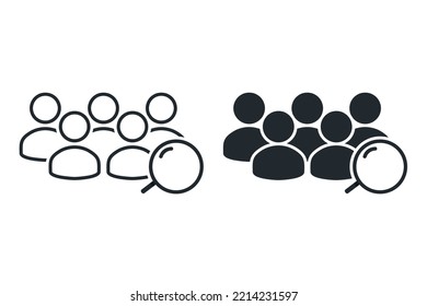 Employee search. Human resource symbol. Magnifying glass looking for people. Vector illustration