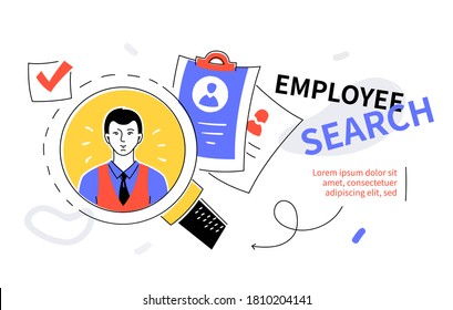 Employee search - modern colorful flat design style web banner with line elements, copy space for text. Personnel selection idea. An illustration with a candidate under loupe, resume, check mark