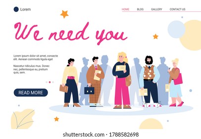 Employee Search Website Banner With Cartoon Job Candidates Standing With CV Papers And One Person In Spotlight. Vector Illustration Of HR Webpage Template.