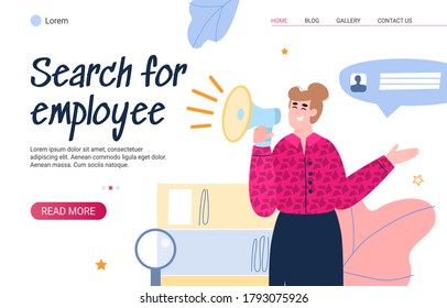 Employee search website banner - HR woman with loudspeaker giving announcement about job vacancy. Employment service page template, vector illustration.