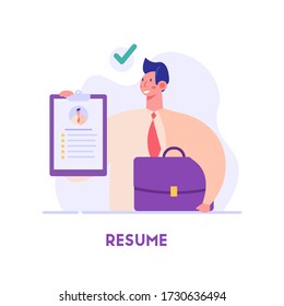 Employee Searching Job With Cv Portfolio. New Team Member. Welcome Aboard. Concept Of Recruitment Service, Employees Hiring, Search For Job Candidates. Vector Illustration For Web And Mobile App