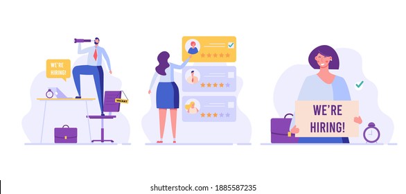 Employee Searching Job With Cv Portfolio. New Team Member. Welcome Aboard. Concept Of Recruitment Service, Employees Hiring, Search For Job Candidates. Vector Illustration For Web And Mobile App