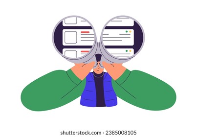 Employee searching vacancies. Person looking through binoculars, seeking for career opportunity, job positions. HR studying applications. Concept flat vector illustration isolated on white background