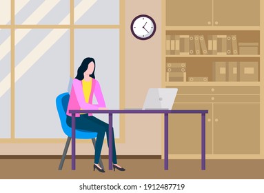 Employee or secretary at the table with a laptop. Smiling businesswoman working at her office workplace flat style illustration. Happy girl office worker enterpreneur performs work on a computer
