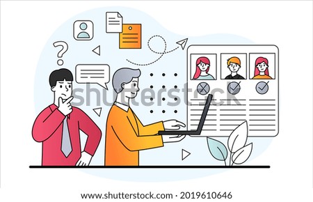 Employee selection concept. Office workers from HR department look at resume and choose suitable candidate. Hiring. Cartoon doodle modern flat vector illustration isolated on a white background