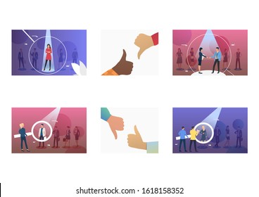 Employee selection set. Professional standing under spotlight, thumb up or down. Flat vector illustrations. Comparison, employment, career concept for banner, website design or landing web page