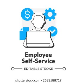 Zelfbedieningsconcept voor medewerkers met platte contouren. Payroll processing software voordeel. Bedrijfsautomatiseringsplan. Moderne lijnillustratie met blauwe glyphs. Conceptueel visueel. Gemakkelijk te bewerken