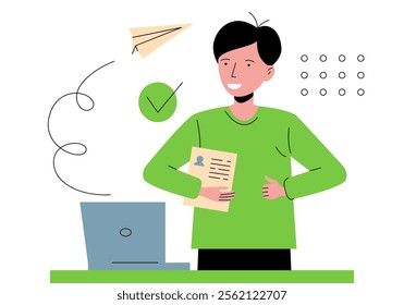 Employee sending cv, man applying for job, flat composition with laptop, doodle icons of sending mail, human resources vector illustration