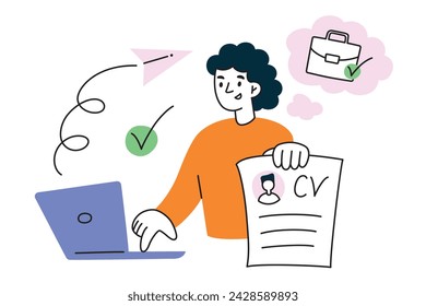 Employee sending cv, woman applying for job, flat composition with laptop, doodle icons of sending mail, human resources vector illustration, showing resume with work experience, hr concept