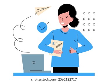 Employee sending cv, woman applying for job, flat composition with laptop, doodle icons of sending mail, human resources vector illustration