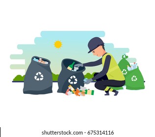 Employee of service collect garbage, sorts by bags and by type of garbage, for further processing of household waste. Cleaning city. Household waste, recycling. Illustration isolated in cartoon style.