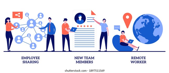 Employee sharing, new team members, remote worker concept with tiny people. Modern business abstract vector illustration set. Corporate communication, workers recruitment, distance job metaphor.