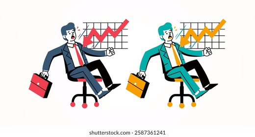 Employee shocked by decline graph, flat cartoon. Suitable for career and business