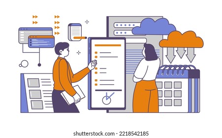 Employee showing development to boss, director looking at results of work. Manager giving instructions to newcomer. Business organization, company workflow and workload. Vector in flat style