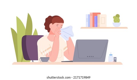 Employee sick flu. Coughing worker at laptop office workplace, tired coughing woman symptoms allergy or fever, unwell cold lady job, virus infection ill nose, vector illustration
