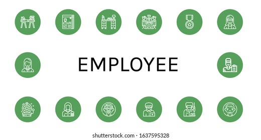 employee simple icons set. Contains such icons as Desk, Curriculum, Manager, Official, Secretary, Wheel, Accountant, Man, Office worker, Worker, can be used for web, mobile and logo