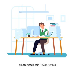 Employee sits at desk covered with papers piles. Man works at table with computer. Document pages stacks. Professional occupation. Overworked clerk workplace. Vector