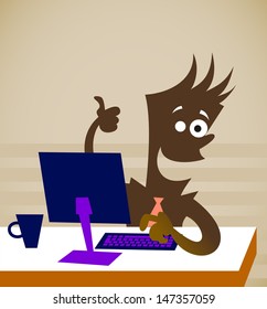 employee sits in front of the computer. Vector illustration on a background