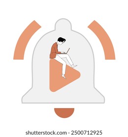 An employee sits with a laptop inside the notification bell, receives a message and responds to it