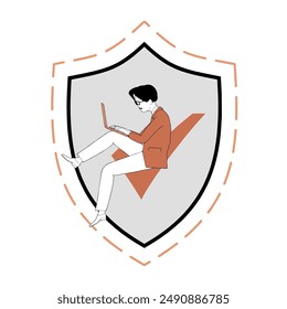 An employee sits on a check mark symbolizing protection and security. Cybersecurity and privacy