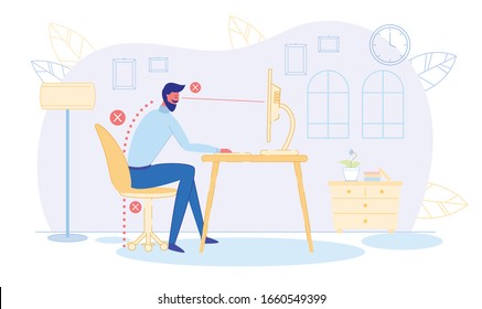 Employee Sitting in Bad Postures Having Office Syndrome. Office Worker in Wrong Pose. Male Face Close to Screen, Improper Chair Position. Ergonomic Concept Flat Cartoon Vector Illustration