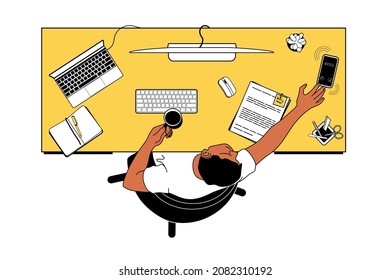 Employee is sitting at computer desk, using technology to work remotely. Professional answers a call from a boss. Man freelancer holding cup of coffee. Top view isolated vector flat illustration
