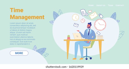 Employee Sitting at Desk Working on Laptop, Time Management Concept Flat Cartoon Banner Vector Illustration. Office Worker Having Different Tasks to Do. Businessman or Clerk at Workplace.