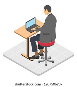 
An employee sitting in front of computer, workplace icon 
