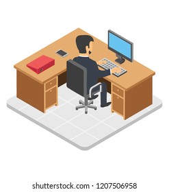 
An employee sitting in front of computer, workplace icon 
