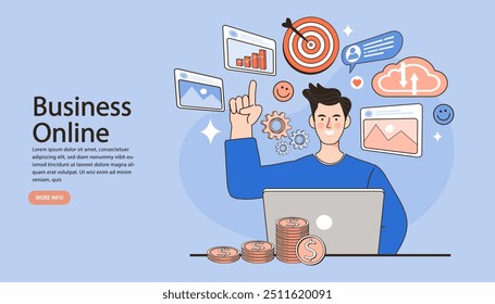 Employee Sitting on Chair Working on computer outline. programmer, business analysis, design, strategy.  Businessman analyzing marketing website traffic ranking. SEO concept. trend modern vector flat.