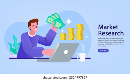 Employee Sitting on Chair Working on computer. business analysis.  Businessman analyzing marketing website traffic ranking. man with Laptop and Money on Screen. Online Shop Market Efficiency. vector