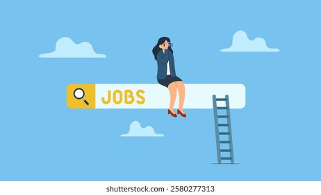 An employee sitting on the search bar using binoculars looking for new job, career, or opportunity. Seek for new vacancy or position.