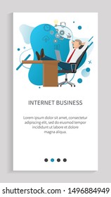 Employee sitting on workplace with legs on table, businessman character using laptop, slide of internet business, entrepreneur and business vector. Website or app slider, landing page flat style