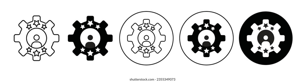 employee skill icon. Business worker ability star rating system symbol with cog wheel and gear. Vector sign of talent potential to improve capability. Flat set of progress management job development