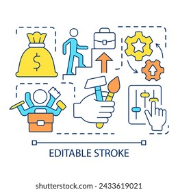 Employee skills monetization promotion concept icon. Career promotion in company. Workflow management abstract idea thin line illustration. Isolated outline drawing. Editable stroke. Arial font used