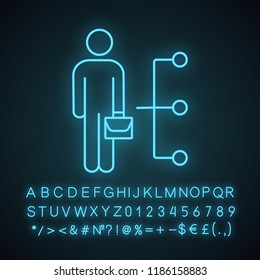 Employee skills neon light icon. Leader. Businessman. Professional qualities. Glowing sign with alphabet, numbers and symbols. Vector isolated illustration