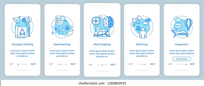 Employee skills onboarding mobile app page screen vector template. HR qualities and abilities. Creative thinking. Walkthrough website steps with linear illustrations. UX, UI, GUI smartphone interface